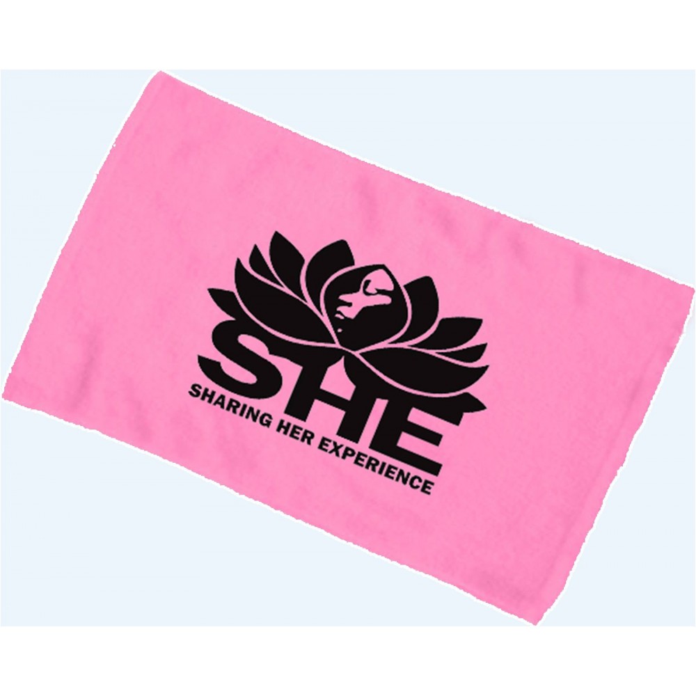 Custom Imprinted Budget Rally Terry Towel Hemmed 11x18 - Azalea Pink (Imprinted) Custom Imprinted Budget Rally Terry Towel Hemmed 11x18 - Azalea Pink (Imprinted)