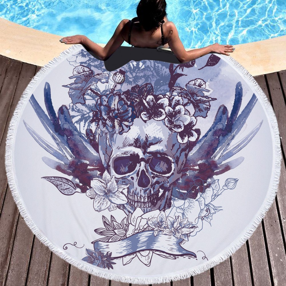 Logo Branded 60" Dia Microfiber Skull Round Large Beach Towel for Halloween w/Tassel/Fringe Logo Branded 60" Dia Microfiber Skull Round Large Beach Towel for Halloween w/Tassel/Fringe