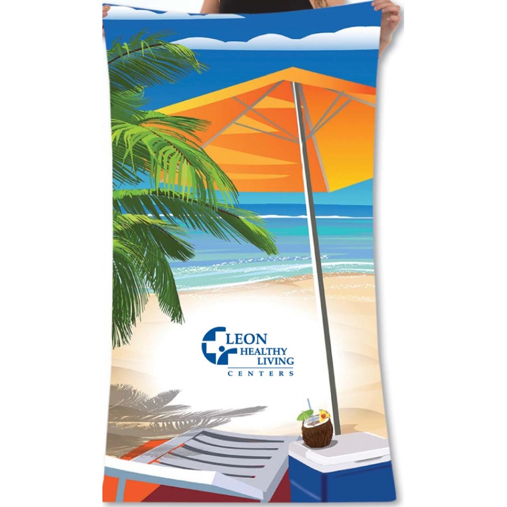 Custom Embroidered 34" x 64", 15 lb., Velour Stock Design Day at the Beach Towel (Screen Print)