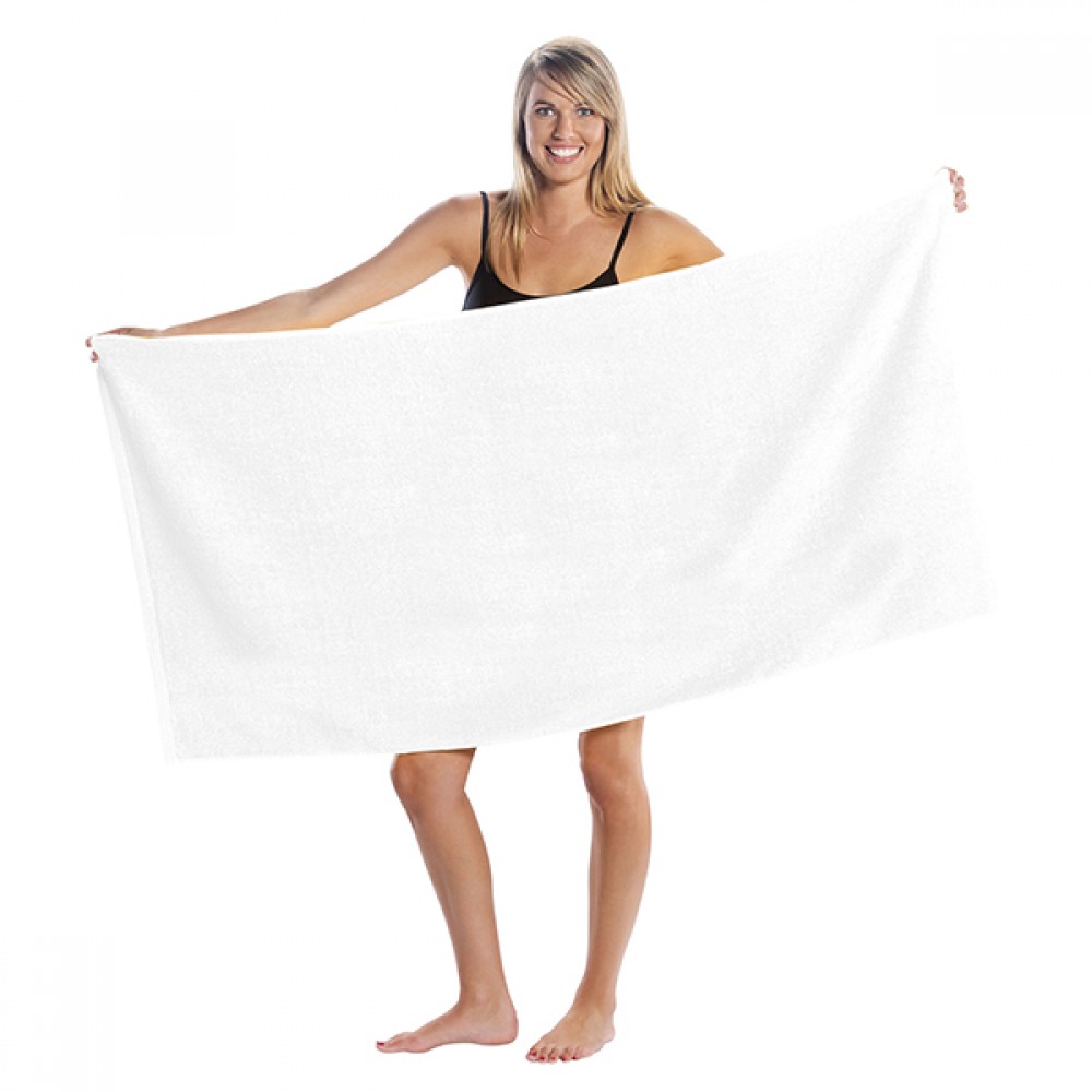 Promotional Loop Terry Beach Towel (White Towel, Screen Printed) Logo Branded