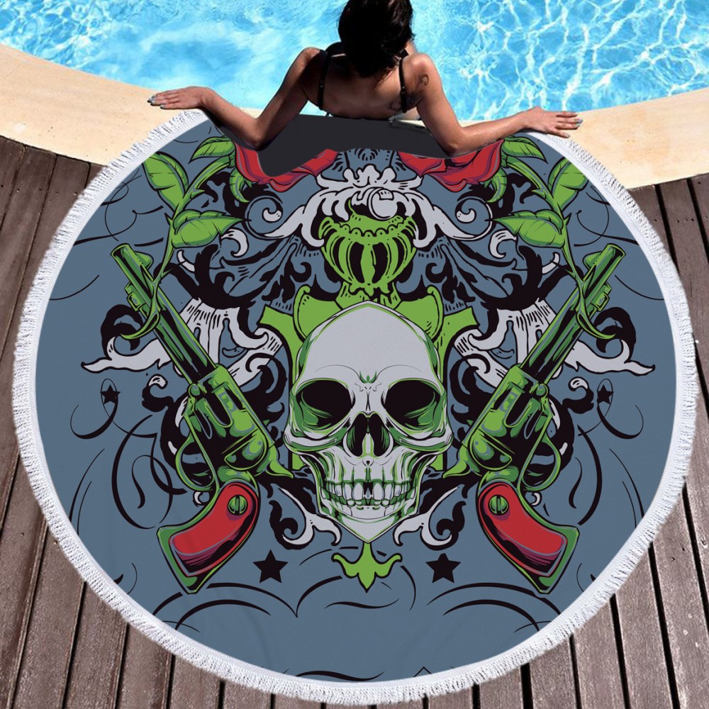 Custom Embroidered 60" Dia Microfiber Skull Round Large Beach Towel for Halloween w/Tassel/Fringe Custom Embroidered 60" Dia Microfiber Skull Round Large Beach Towel for Halloween w/Tassel/Fringe
