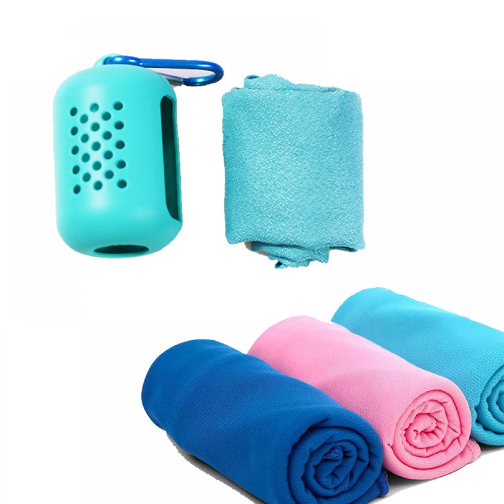 Custom Embroidered Deluxe Cooling Towel In Portable Silicone Pot Custom Embroidered Deluxe Cooling Towel In Portable Silicone Pot