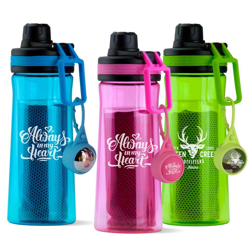 Custom Imprinted 27 Oz. Tritan Water Bottle, Silicone Carabiner Lip Balm, and Cooling Towel Kit Custom Imprinted 27 Oz. Tritan Water Bottle, Silicone Carabiner Lip Balm, and Cooling Towel Kit