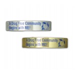 Aluminum cuff bracelet (5.5" x 1/2" wide) with a die struck, color filled imprint. Made in the USA Custom Branded