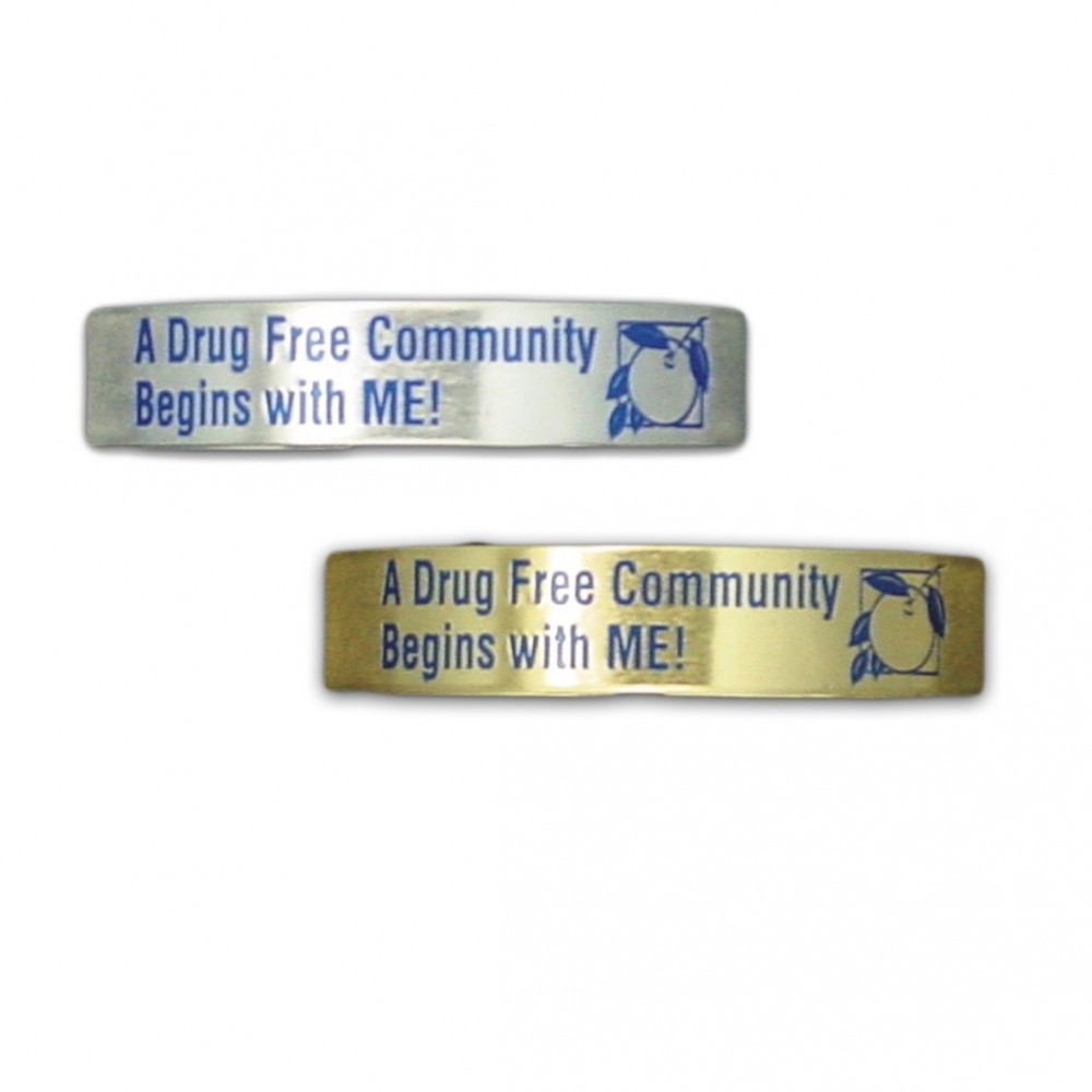 Logo Branded Aluminum cuff bracelet (6.25" x 1/2" wide) with a die struck, color filled imprint. Made in the USA