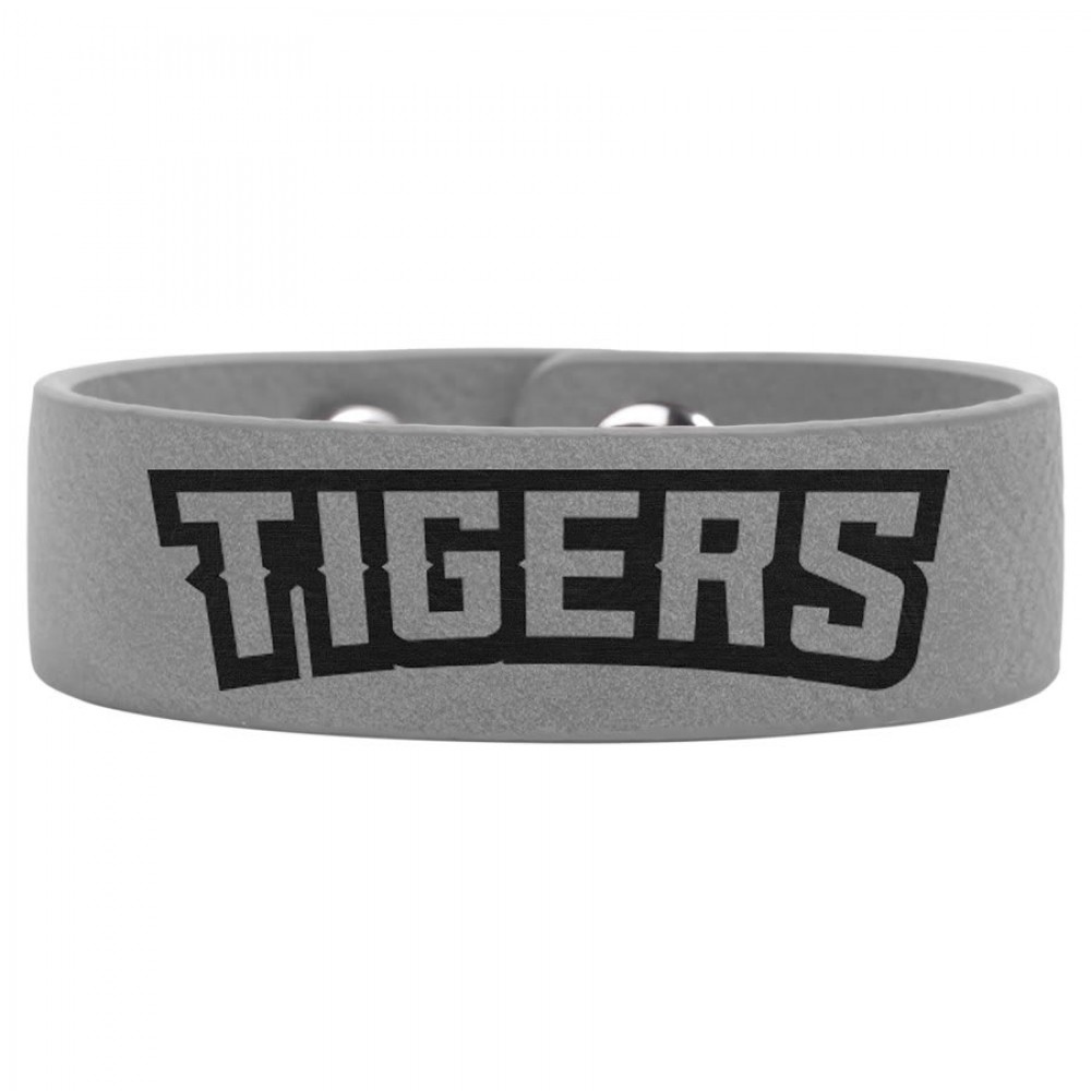 Logo Branded 8.5" x.75" Gray Leatherette Youth Cuff Bracelet Logo Branded 8.5" x.75" Gray Leatherette Youth Cuff Bracelet