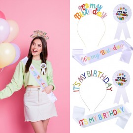 IT'S MY BIRTHDAY Party Sash Tiara w/ Tinplate Badge Logo Branded