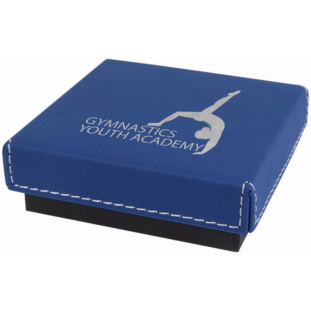 Custom Printed Blue/Silver Medal Box with Laser Engraved Leatherette Lid (3 1/2" x 3 1/2")