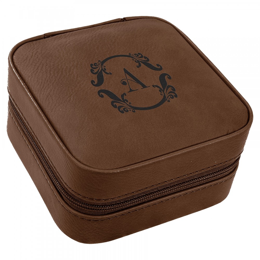 Logo Branded Faux Leather Travel Jewelry Box, Dark Brown, 4x4"