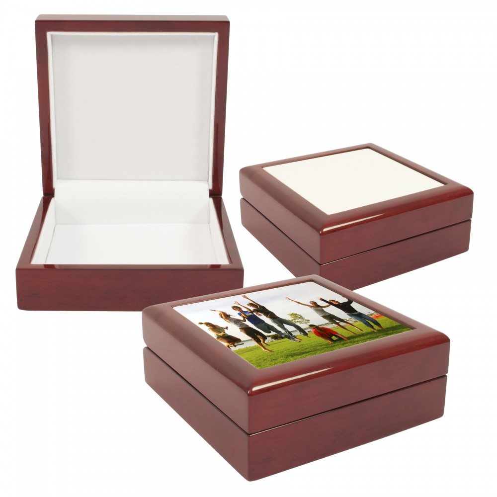 Jewelry Box w/ Sublimation Photo Tile Lid - Ebony Black (4"x4") Custom Imprinted Jewelry Box w/ Sublimation Photo Tile Lid - Ebony Black (4"x4") Custom Imprinted