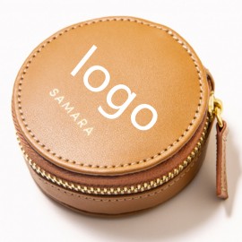 Custom Imprinted Round Shape Zippered Leather Jewelry Pouch Bag