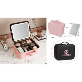 Custom Printed Multifunctional PU Leather Cosmetic Bag with Removable LED Mirror - Travel Makeup Bag Handle Case