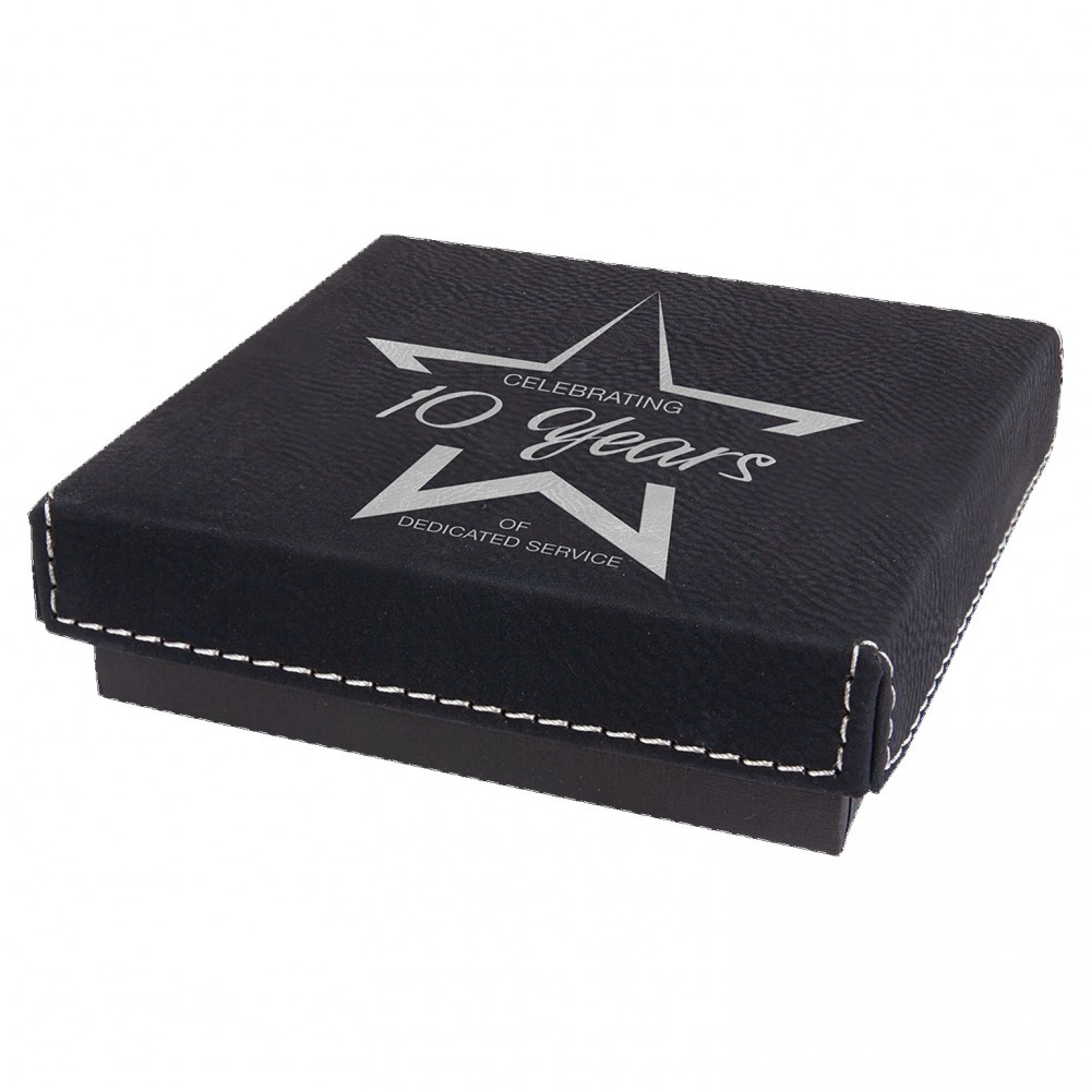 Engraved Faux Leather Gift Box, Black, 4"(L) x 4"(W) x 1 1/16"(H) Custom Imprinted