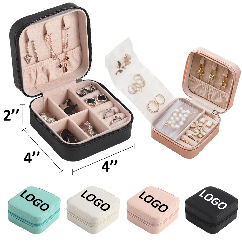 4" Multi-functional PU Leather Jewelry Storage Box Organizer w/Zipper Closure Logo Branded 4" Multi-functional PU Leather Jewelry Storage Box Organizer w/Zipper Closure Logo Branded