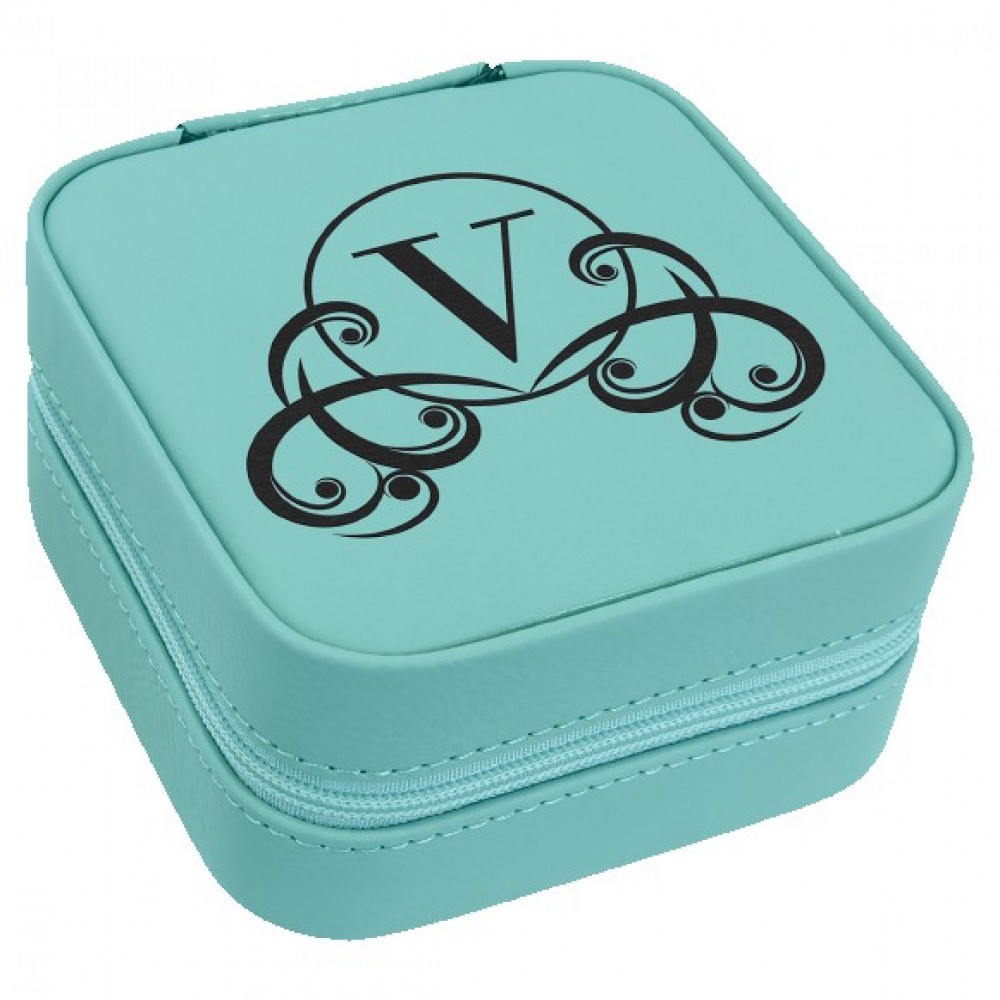 Faux Leather Travel Jewelry Box, Teal, 4x4" Logo Branded