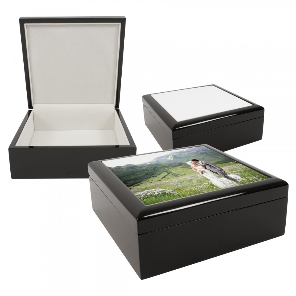 Jewelry Box w/ Sublimation Photo Tile Lid - Ebony Black (6"x6") Custom Imprinted Jewelry Box w/ Sublimation Photo Tile Lid - Ebony Black (6"x6") Custom Imprinted