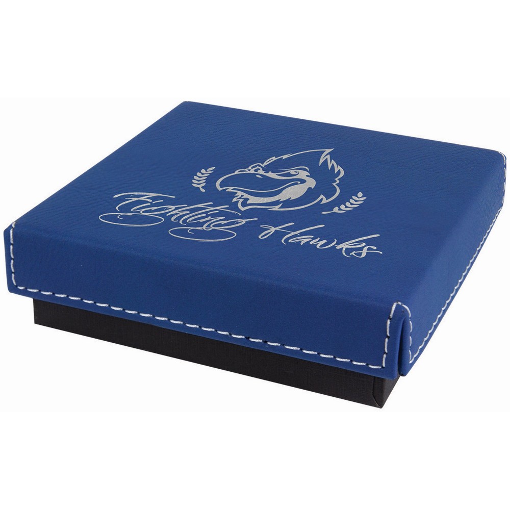 Blue/Silver Medal Box with Laser Engraved Leatherette Lid (4" x 4") Custom Imprinted