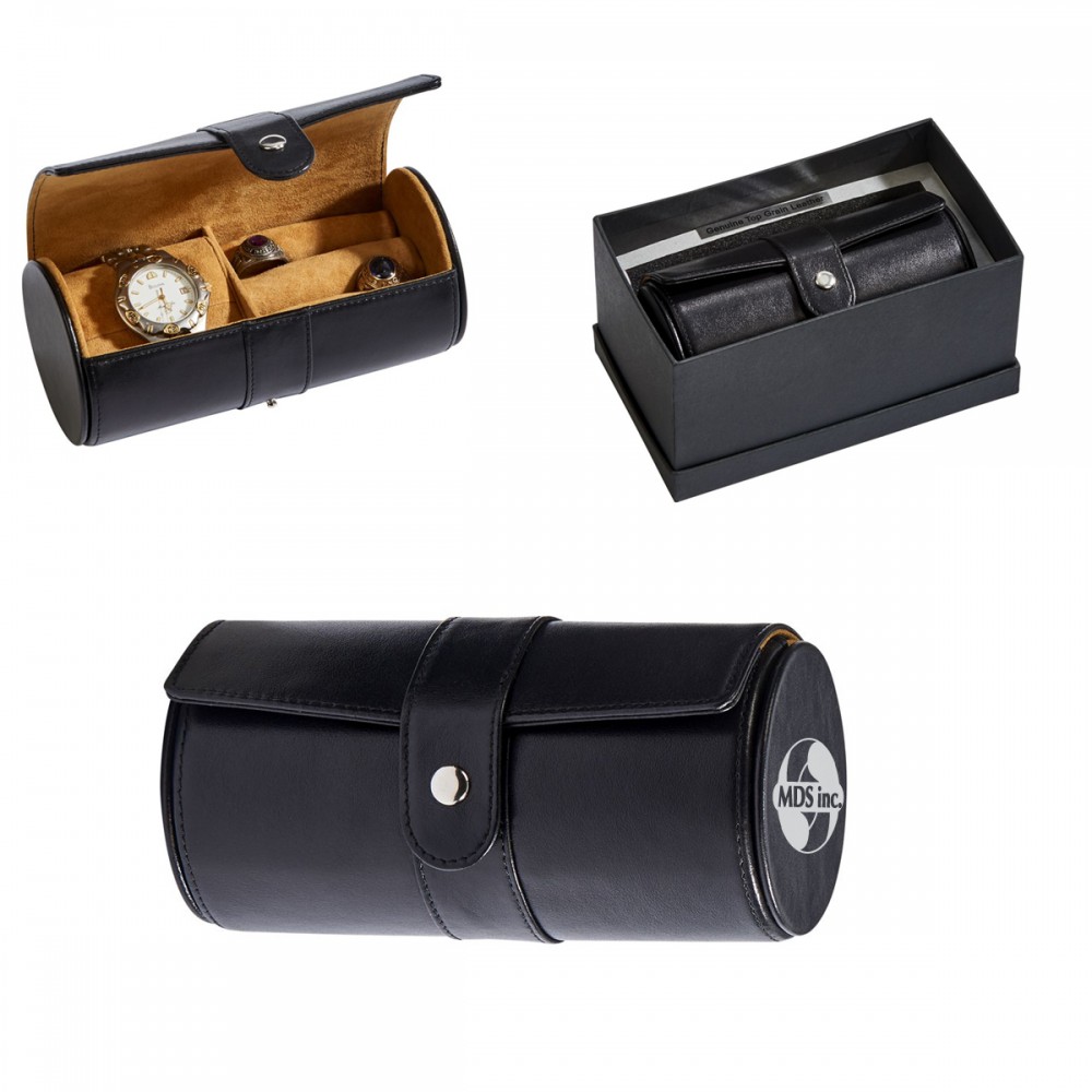 Elegant Black Leather Round Jewelry Box - 6" L Elegant Black Leather Round Jewelry Box - 6" LElegan Custom Imprinted