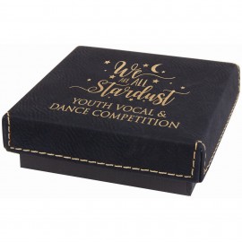 Black/Gold Medal Box with Laser Engraved Leatherette Lid (3 1/2" x 3 1/2") Custom Imprinted