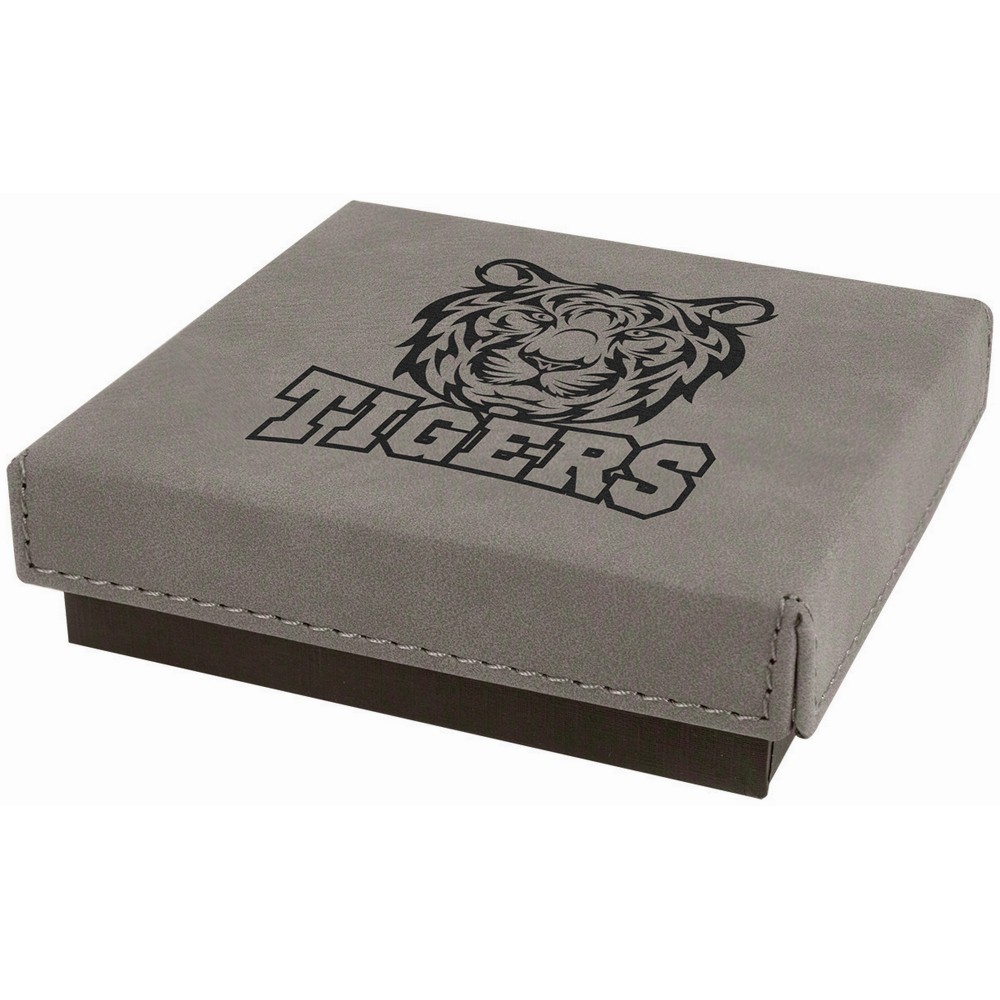Gray Medal Box with Laser Engraved Leatherette Lid (4" x 4") Custom Printed