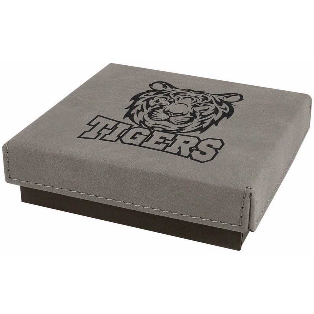 Gray Medal Box with Laser Engraved Leatherette Lid (4" x 4") Custom Printed Gray Medal Box with Laser Engraved Leatherette Lid (4" x 4") Custom Printed