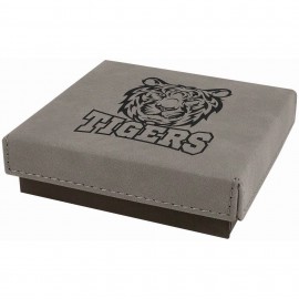 Gray Medal Box with Laser Engraved Leatherette Lid (4" x 4") Custom Printed