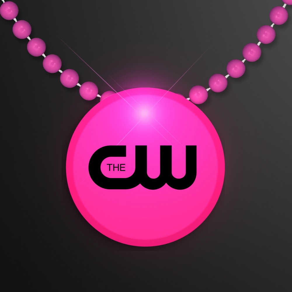 Custom Printed Pink LED Circle Badge with Beads - Overseas Imprint Custom Printed Pink LED Circle Badge with Beads - Overseas Imprint