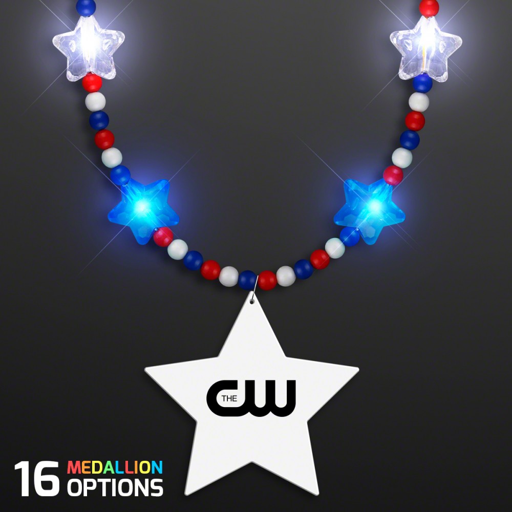 Red White & Blue Light Up Star Beads with Star Medallion Custom Printed Red White & Blue Light Up Star Beads with Star Medallion Custom Printed
