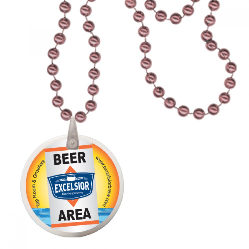 Round Mardi Gras Beads with Decal on Disk - Champagne Pink Logo Branded Round Mardi Gras Beads with Decal on Disk - Champagne Pink Logo Branded