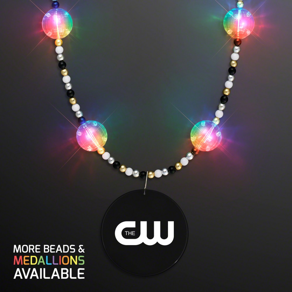 Multicolor Light Beads Necklace with Black Medallion Custom Printed Multicolor Light Beads Necklace with Black Medallion Custom Printed