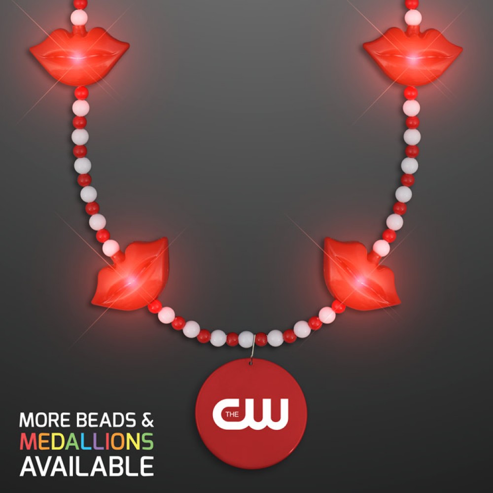 Custom Printed Red Lips Light Up Beads Necklace with Red Medallion - PRINTED