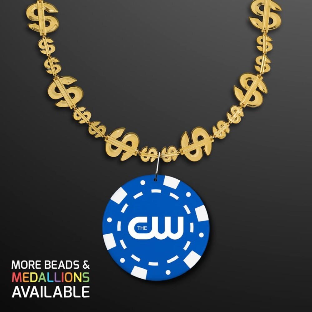 Custom Imprinted Gold Money Beads with Blue Poker Chip Medallion (NO-Light) - PRINTED