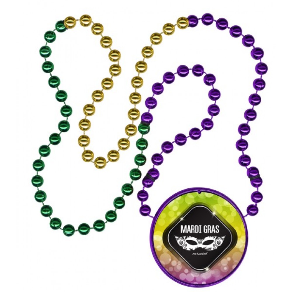 Custom Imprinted Mardi Gras Beads w/Inline Medallion (Purple, Green & Gold)