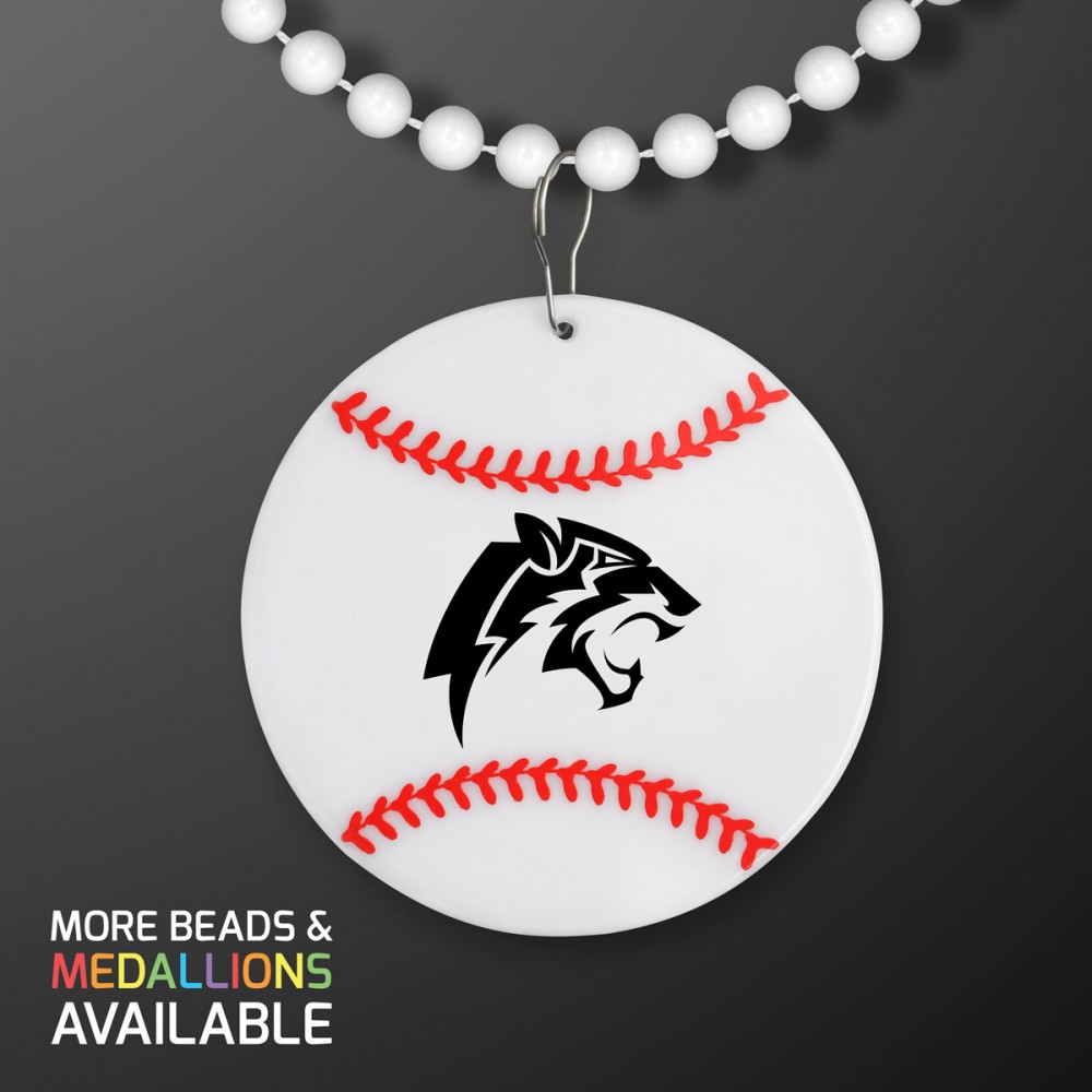 Baseball Medallion with White Beaded Necklace (Non Light Up) - Domestic Print Custom Imprinted Baseball Medallion with White Beaded Necklace (Non Light Up) - Domestic Print Custom Imprinted
