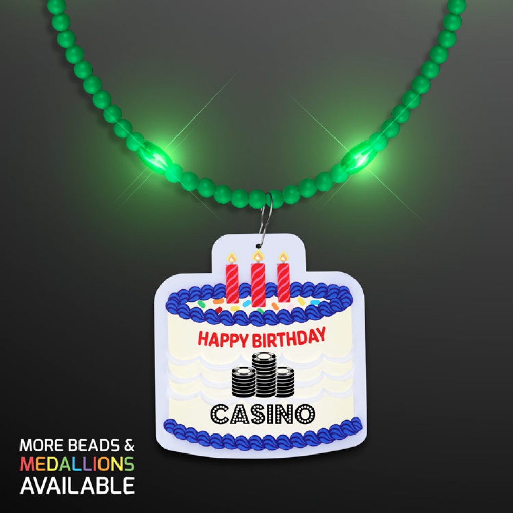 Steady LED Green Beads with Cake Medallion, No-Flash Necklace - PRINTED Custom Printed
