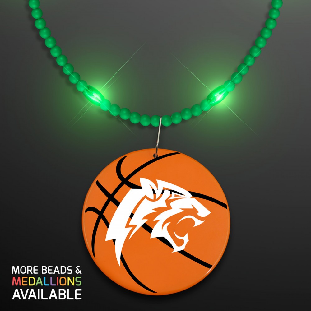 Custom Imprinted Still-Light Green Beads with Basketball Medallion - Domestic Print