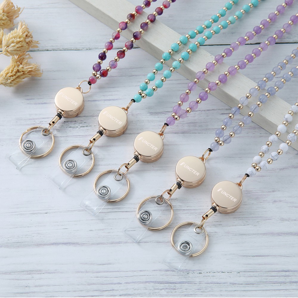 Custom Imprinted Natural Stone Beaded Necklaces Teacher Retractable Lanyard ID Badge Strap