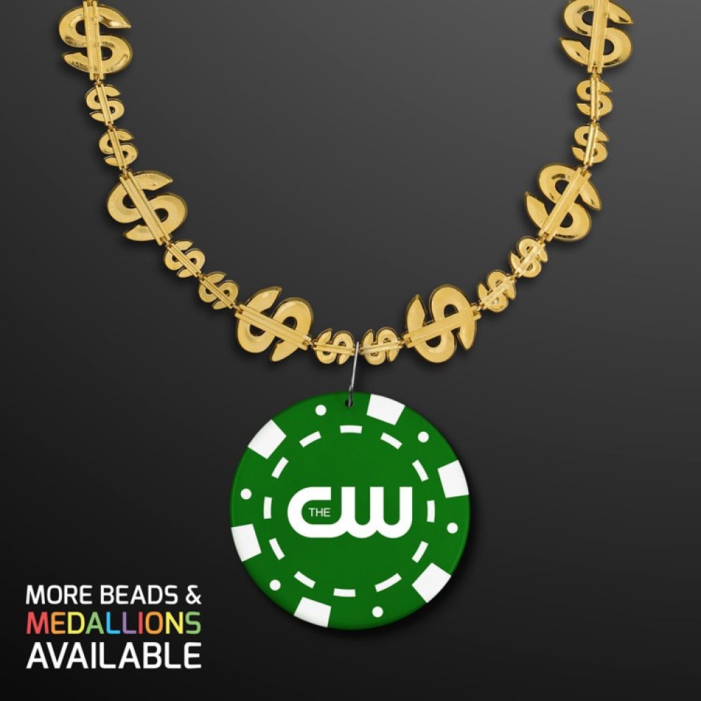 Gold Money Beads with Green Poker Chip Medallion (NO-Light) - PRINTED Logo Branded