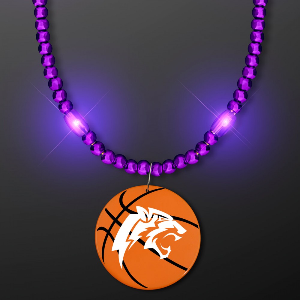 Custom Imprinted Purple LED Bead Necklace with Basketball Medallion - Domestic Imprint