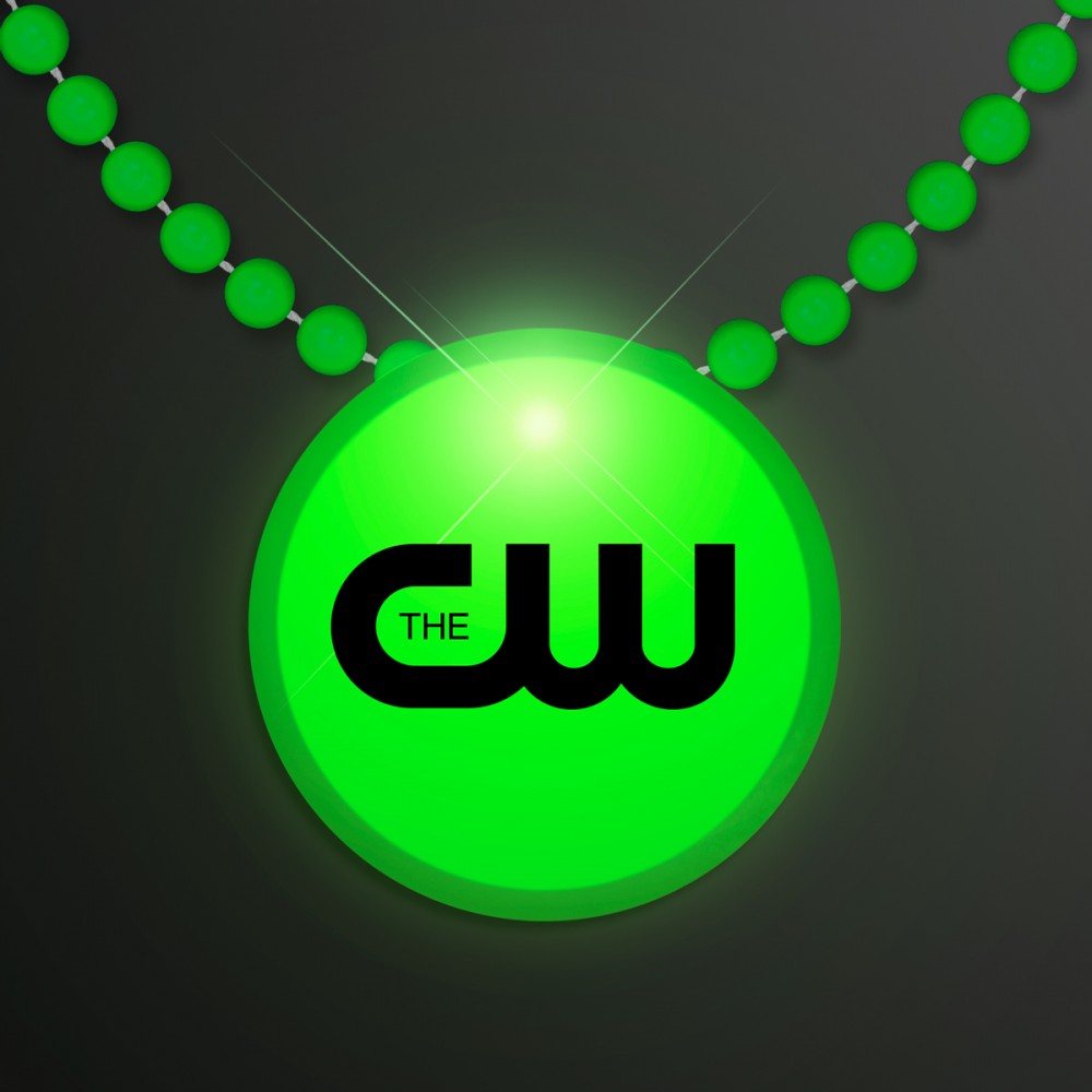 Custom Imprinted Green LED Circle Badge with Beads - Overseas Imprint Custom Imprinted Green LED Circle Badge with Beads - Overseas Imprint