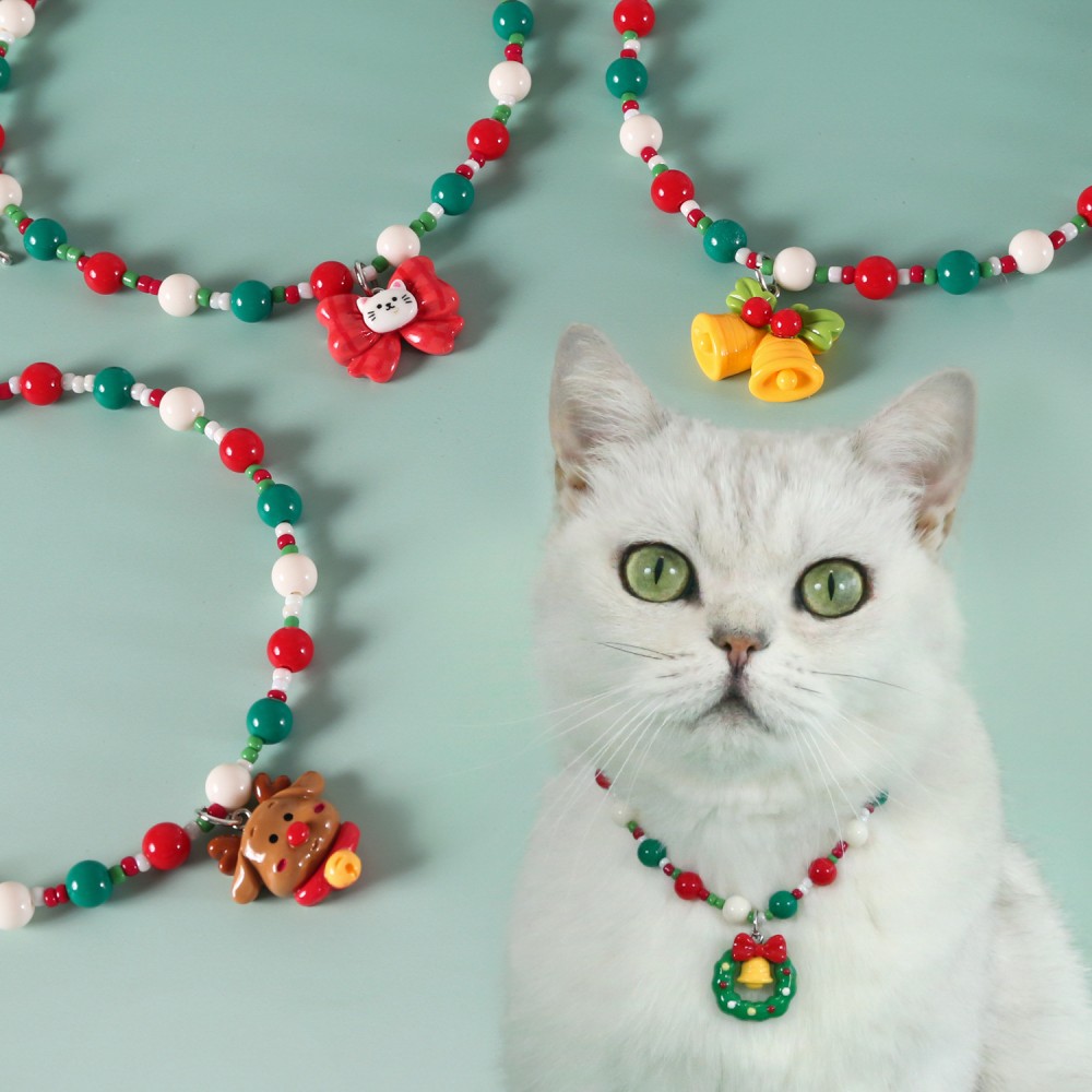 Christmas Beaded Pet Necklace Bow Tie and Reindeer Pendant Collar for Cats and Small Dogs Custom Printed