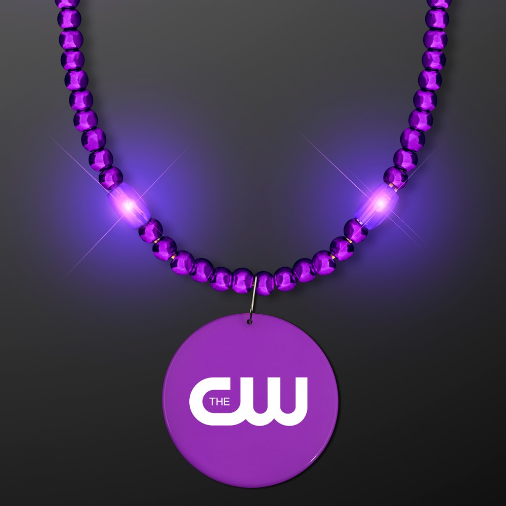 Light Up Purple Party Necklace Beads with Medallions - Domestic Imprint Custom Imprinted