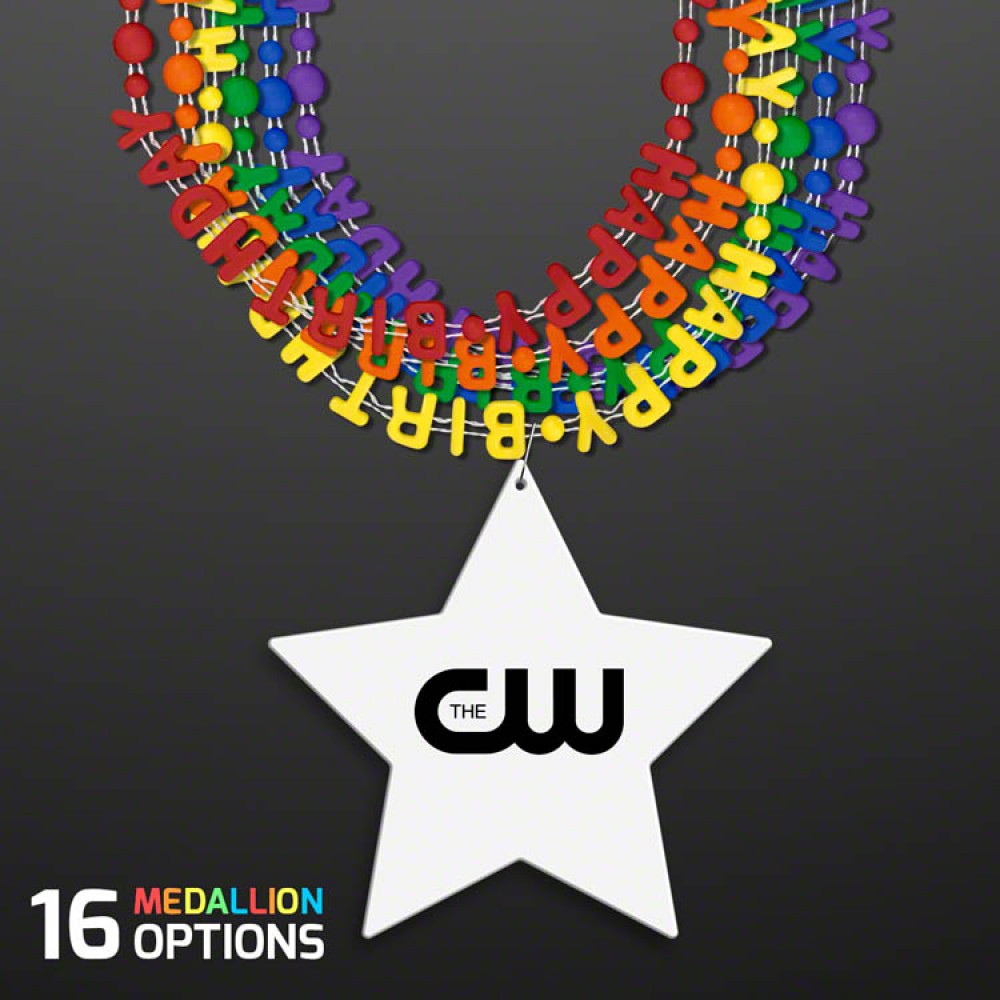 Happy Birthday Party Beads Necklaces with Star Medallion (NON-Light Up) - PRINTED Logo Branded