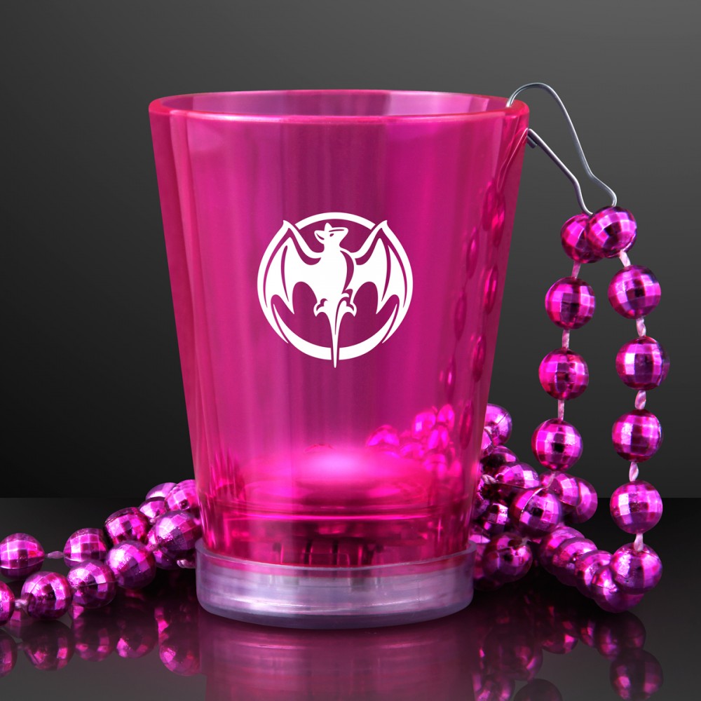 Custom Imprinted 2 Oz. Custom Light Up Pink Shot Glass w/ Bead Necklace Custom Imprinted 2 Oz. Custom Light Up Pink Shot Glass w/ Bead Necklace