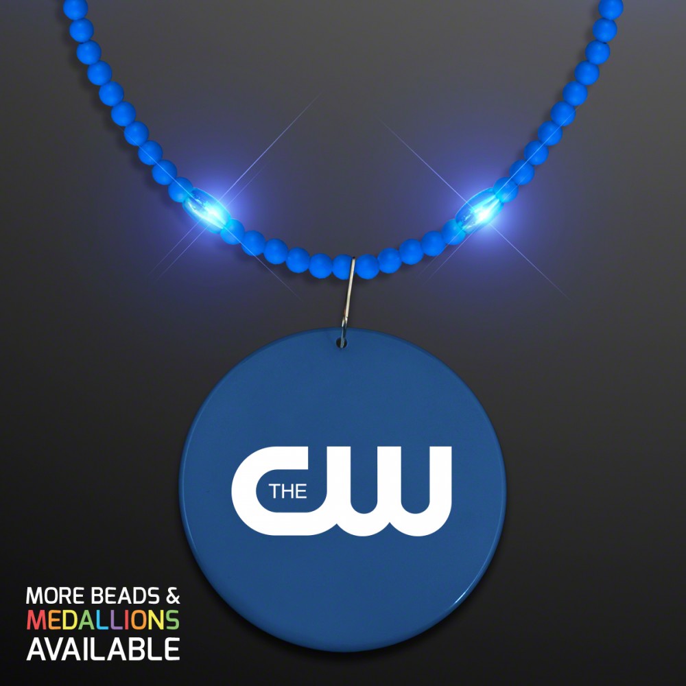 Logo Branded Still-Light Blue Beads with Blue Medallion Logo Branded Still-Light Blue Beads with Blue Medallion