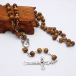 Custom Printed Beige Oval Wooden Bead Rosary Necklace