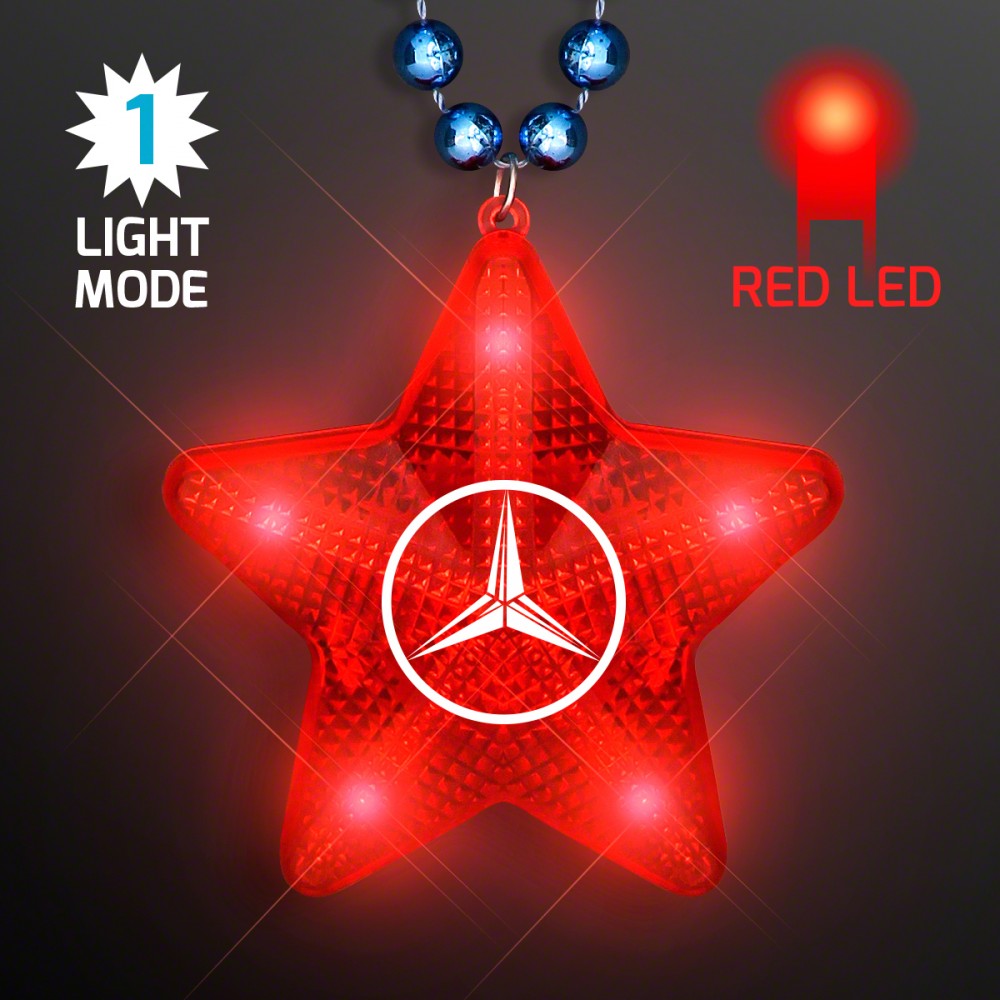 Logo Branded Flashing Red LED Star Pendant on Blue Party Beads Logo Branded Flashing Red LED Star Pendant on Blue Party Beads