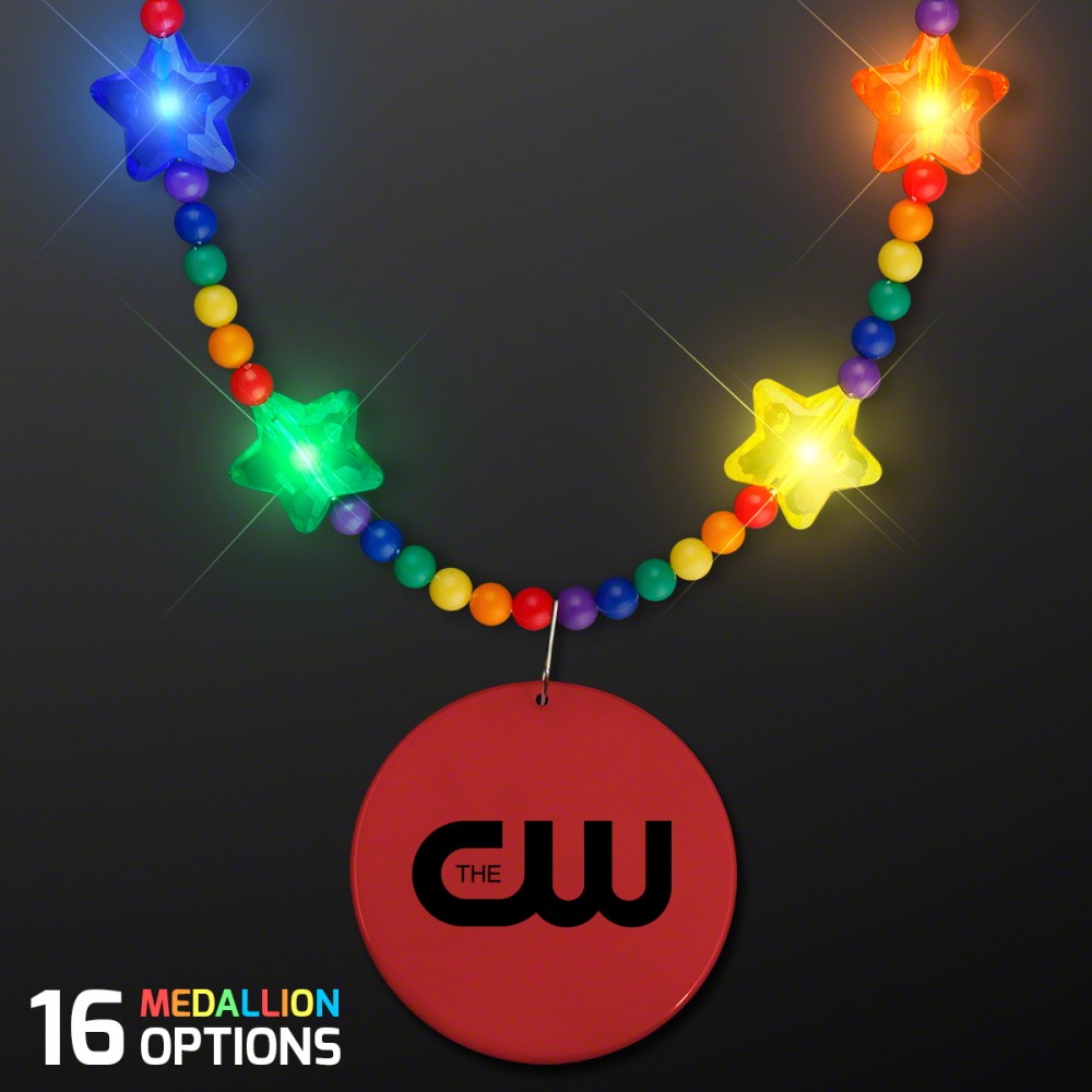 Rainbow Light Up Star Beads with Red Medallion Custom Printed Rainbow Light Up Star Beads with Red Medallion Custom Printed