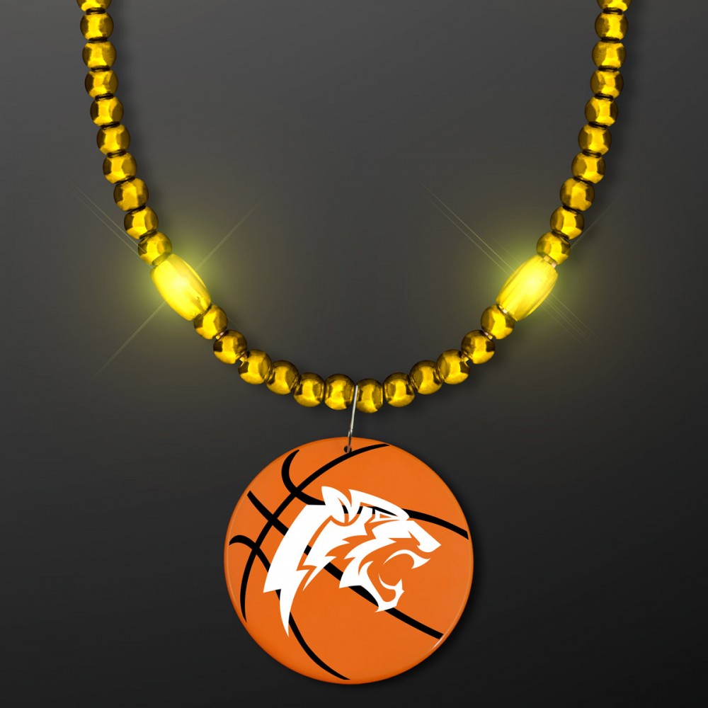 Custom Printed Yellow LED Bead Necklace with Basketball Medallion - Domestic Imprint