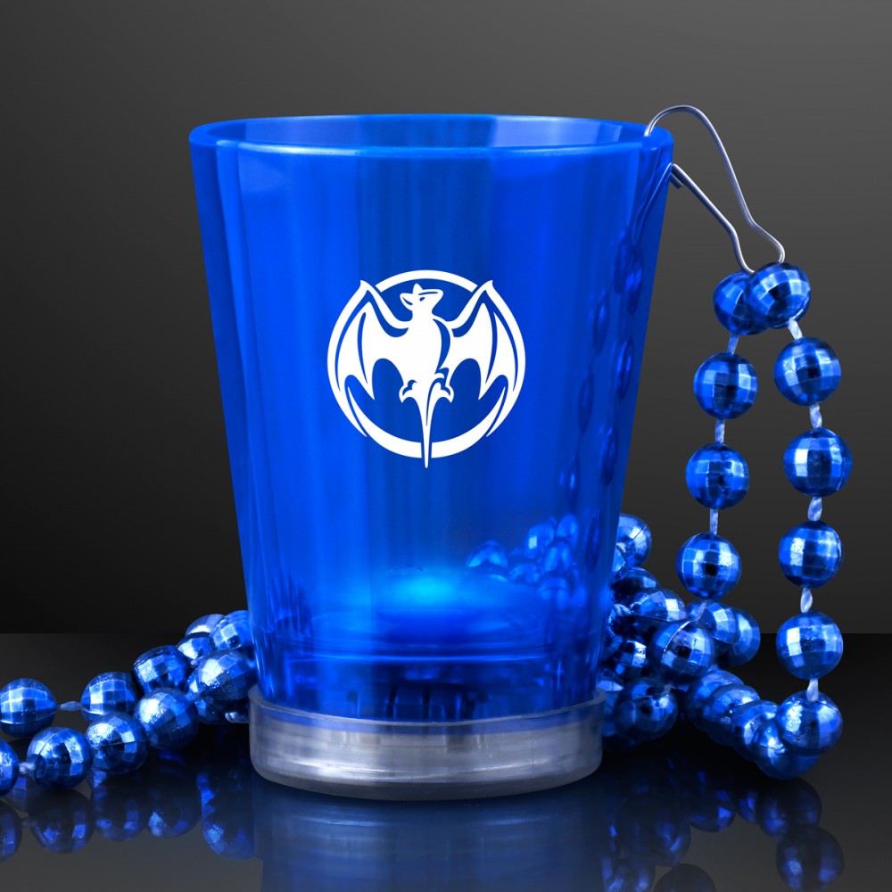 Logo Branded 2 Oz. Custom Light Up Blue Shot Glass w/ Bead Necklace Logo Branded 2 Oz. Custom Light Up Blue Shot Glass w/ Bead Necklace